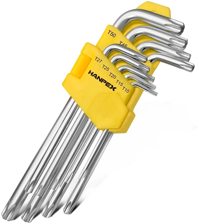 Main image of Hanpex Long Arm Torx Star Allen Wrench Set T10-T50, Chrome Vanadium Steel, Tamperproof, 9-Piece