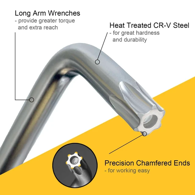 Alt view image 2 of 6 - Hanpex Long Arm Torx Star Allen Wrench Set T10-T50, Chrome Vanadium Steel, Tamperproof, 9-Piece