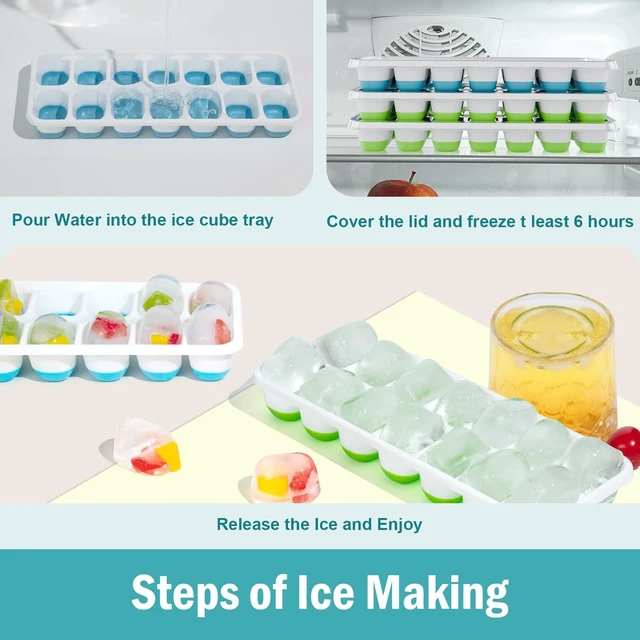 Alt view image 5 of 6 - 3 Pack Ice Cube Trays with Lid for Freezer, Flexible Silicone Bottom for Easy Release, Stackable Ice Molds, 1.2" Cubes, Color-Coded (2 Green 1 Blue) for Juice, Coffee & C