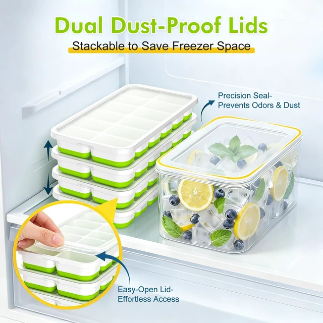 Alt view image 4 of 6 - 4 Pack 48 Cubes Ice Cube Tray with Lid and Bin Stackable Freezer Mold