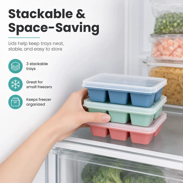 Alt view image 6 of 6 - 3 Pack Mini Ice Cube Trays with Lids, Easy-Release Flexible Bottom, Stackable Ice Cube Molds for Freezer, Mini Fridge, Dorm, RV, Travel & Small Freezer