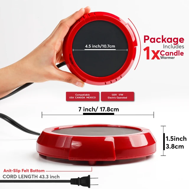 Alt view image 2 of 7 - Large Candle Warmer Plate, Flame-Free, for Candle Jar & Coffee Warmer, Home & Office, 1 Pack, Red