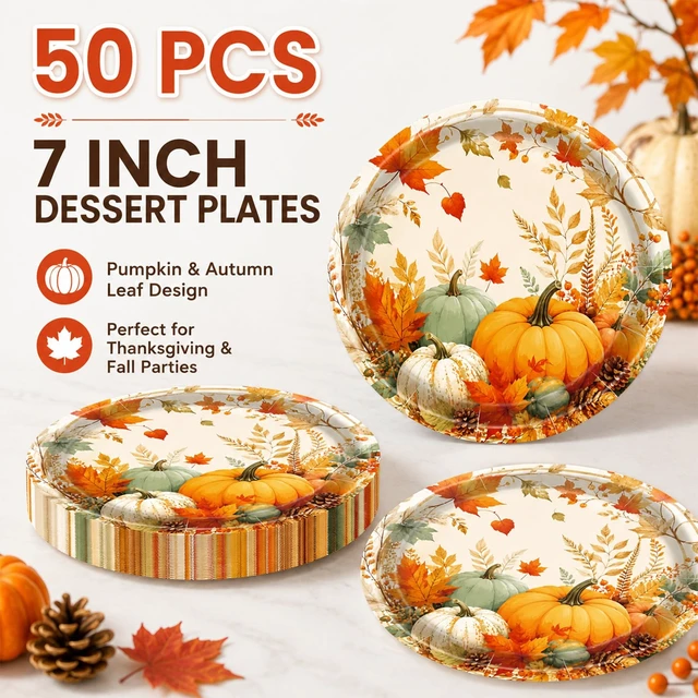 Alt view image 6 of 7 - 7 Inch Fall Paper Plates 50pcs Pumpkin Thanksgiving Dessert