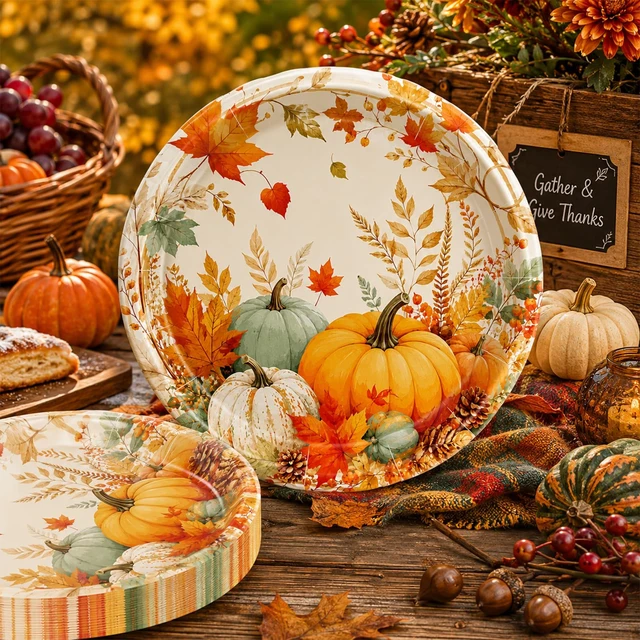 Alt view image 3 of 7 - 7 Inch Fall Paper Plates 50pcs Pumpkin Thanksgiving Dessert