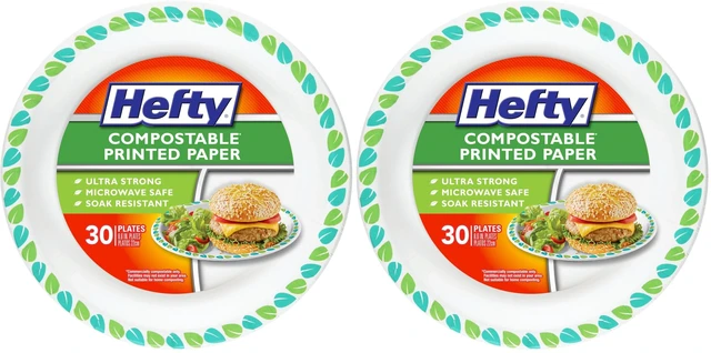 Main image of Hefty Compostable Paper Plates, 8.6-Inch, 30 Count (Pack of 2), Patterned, Soak-Resistant, Microwave Safe, Plant-Based Materials, for BBQs, Parties, Holidays & Daily Use