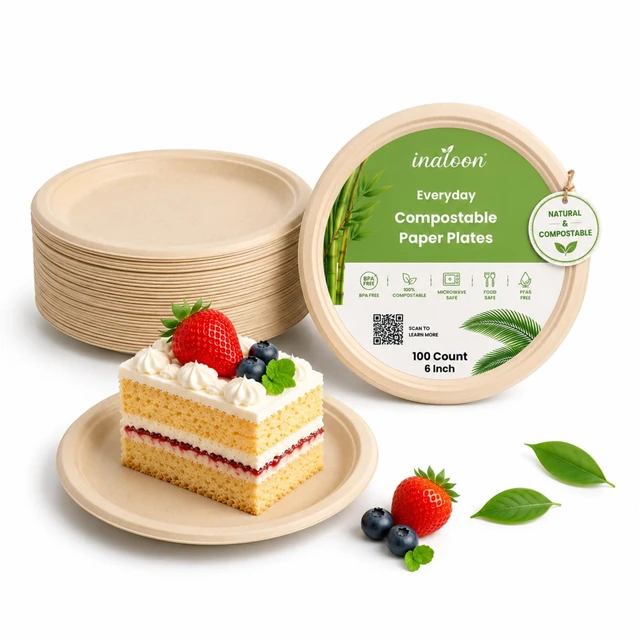 Main image of 6-Inch Compostable Paper Plates 100 Count Heavy-Duty Natural Dessert Plates Biodegradable Eco-Friendly for Parties and Everyday Use