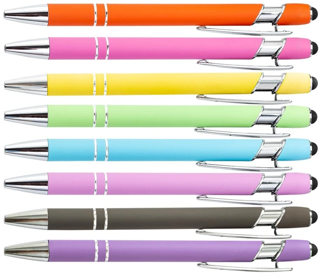 Main image of PASISIBICK 8 Pieces 2-in-1 Retractable Metal Ballpoint Pen Stylus for Touch Screens, 1.0mm Black Ink, 8 Pastel Colors