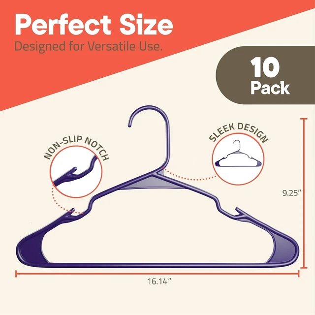 Alt view image 4 of 6 - Purple Plastic Hangers 10-Pack, Heavy-Duty Slim Space-Saving with Non-Slip Shoulder Notches for Slip Dresses, Suits, Jackets & Camisoles