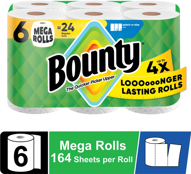 Main image of Bounty Select-A-Size Paper Towels, White, 6 Mega Rolls, 164 Sheets per Roll