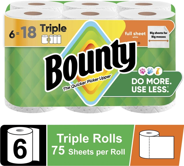 Main image of Bounty Paper Towels Full Sheet White, 6 Triple Rolls, 75 Sheets per Roll