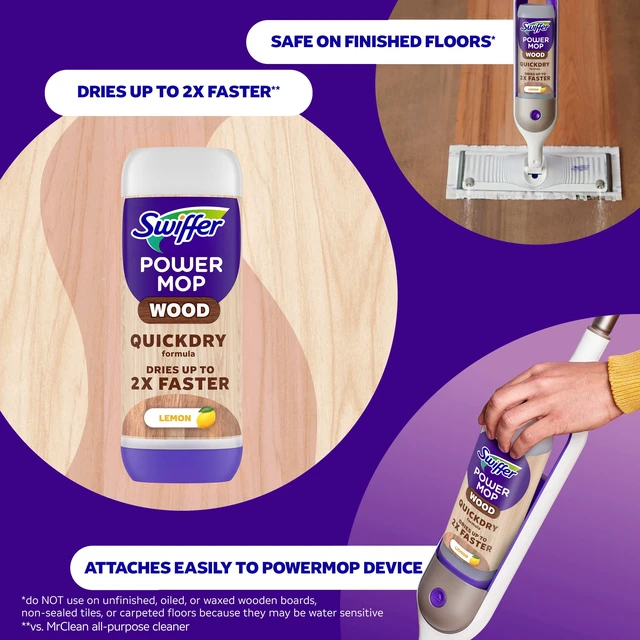 Alt view image 2 of 5 - Swiffer Power Mop Wood Refill Solution, QuickDry Hardwood Floor Cleaner, Lemon Scent, 25.3fl oz