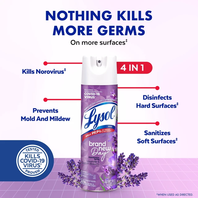 Alt view image 2 of 5 - Lysol Disinfectant Spray Sanitizing and Antibacterial Deodorizer Lavender & Cotton Blossom 19oz