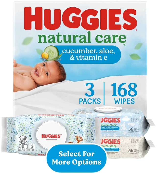 Main image of Huggies Natural Care Cucumber, Aloe and Vitamin E Scented Baby Wipes, 3 Packs, 168 Wipes