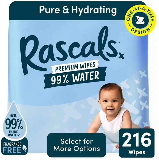 Main image of Rascals 99% Water Premium Fragrance Free Baby Wipes, 216 Count