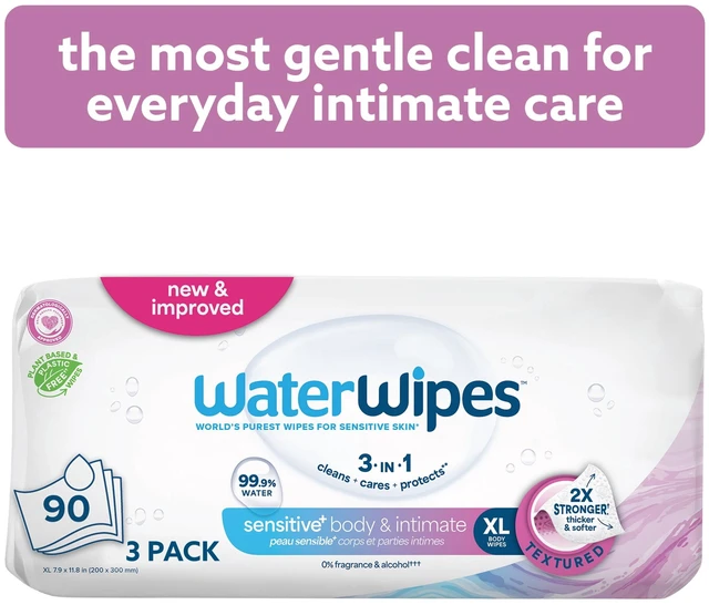 Main image of WaterWipes Sensitive Body & Intimate Wipes, 99.9% Water, Unscented, Hypoallergenic Adult Care Wet Wipes, 90 Wipes