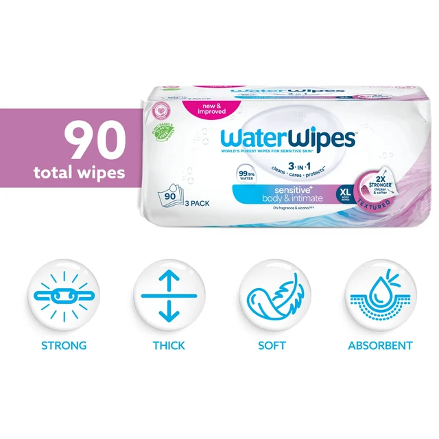 Alt view image 4 of 5 - WaterWipes Sensitive Body & Intimate Wipes, 99.9% Water, Unscented, Hypoallergenic Adult Care Wet Wipes, 90 Wipes