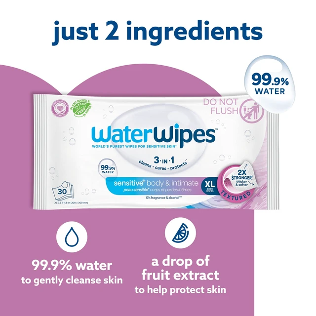 Alt view image 3 of 5 - WaterWipes Sensitive Body & Intimate Wipes, 99.9% Water, Unscented, Hypoallergenic Adult Care Wet Wipes, 90 Wipes