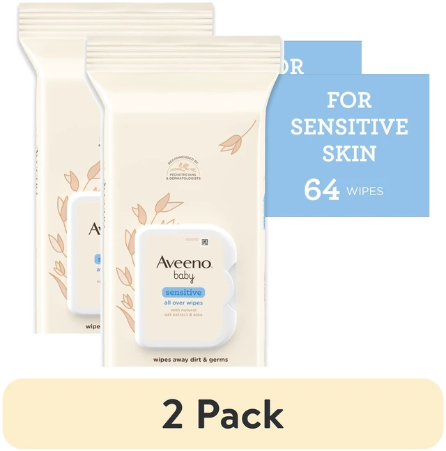 Main image of Aveeno Baby All Over Baby Wipes (2 Pack), 64Ct, for Sensitive Skin with Oat and Aloe, Alcohol Free and Unscented