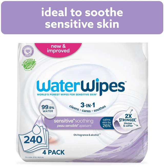 Main image of WaterWipes Sensitive Soothing Baby Wipes, 99% Water with Botanical Extract, Unscented, 240 Wipes