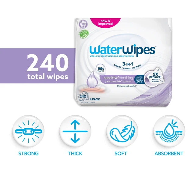 Alt view image 4 of 5 - WaterWipes Sensitive Soothing Baby Wipes, 99% Water with Botanical Extract, Unscented, 240 Wipes