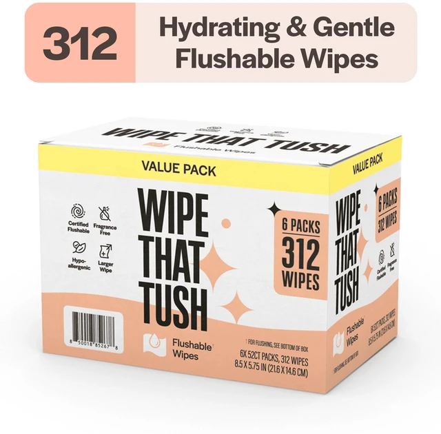 Main image of Wipe That Tush Flushable Wipes Value Pack, Aloe & Vitamin E Infused, Fragrance-Free, 6 Packs of 52 Wipes, 312 Total
