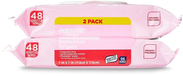 Main image of Equate pH Balanced Hypoallergenic Sensitive Feminine Wipes, Fragrance Free, 96 Wipes, 2 Pack