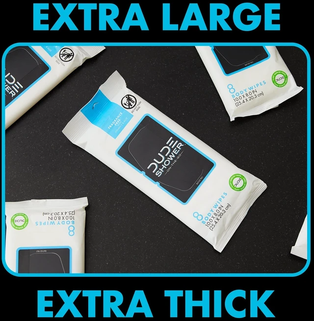 Alt view image 3 of 6 - DUDE Wipes On-the-Go Shower Replacement Wipes, XL Full Body, Unscented, 8 Count