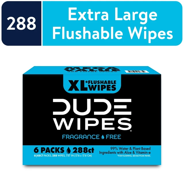 Main image of DUDE Wipes Flushable Wipes XL Wet Wipes, Unscented, 48 Count, 6 Pack