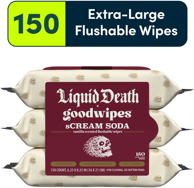 Main image of GoodWipes Flushable Butt Wipes, Liquid Death Cream Soda Scented, 3 Pack, 150 Total XL Wipes