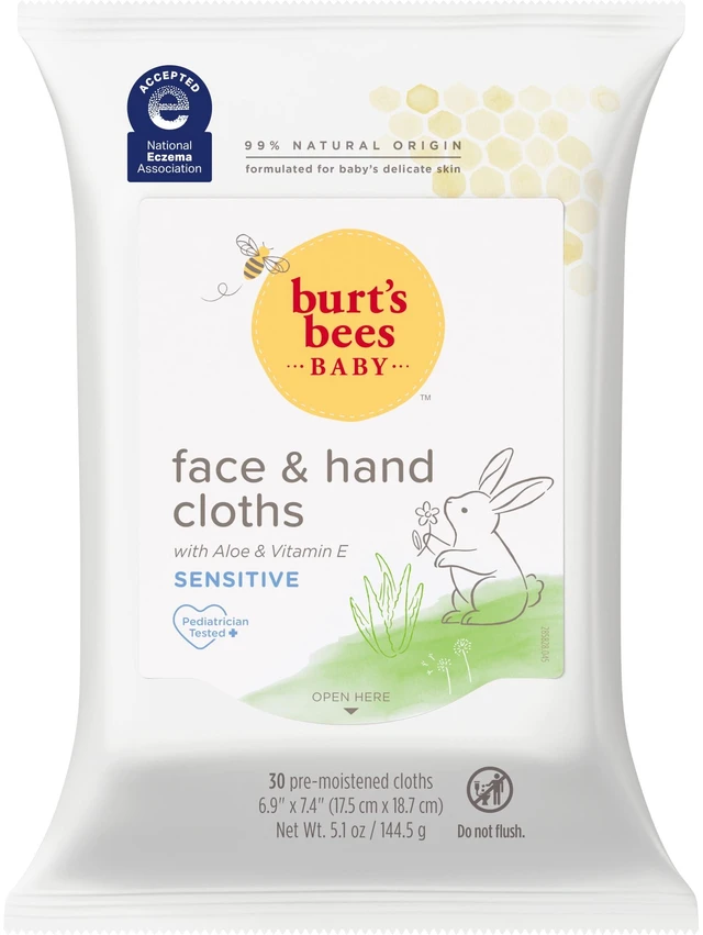 Main image of Burt's Bees Baby Face & Hand Cloths, Unscented Cleansing Wipes for Sensitive Skin, 30 Wipes
