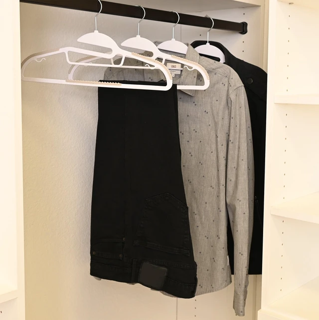 Alt view image 4 of 5 - Mainstays Plastic Clothes Hangers 10 Pack Adult Easy Slip Non-Slip Arctic White/Grey Pumice