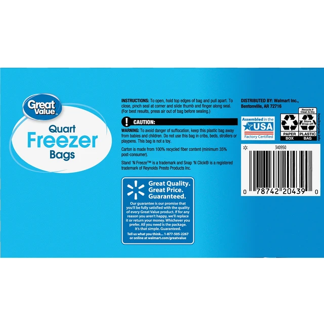 Alt view image 5 of 6 - Great Value Freezer Guard Double Zipper Freezer Bags, Quart, 100 Count