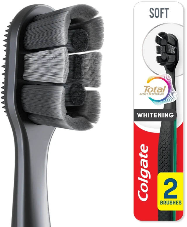 Main image of Colgate Total Active Prevention Soft Whitening Toothbrush, Black, 2 Pack