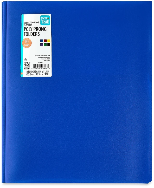 Main image of Pen+Gear 3-Prong 2-Pocket Poly Folders, 9.4in x 11.4in, Assorted Colors, 10 Count