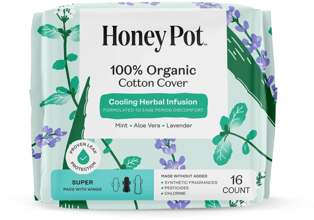 Main image of Honey Pot Super Pads, 100% Organic Cotton Cover, Cooling Herbal Infusion, 16 Count