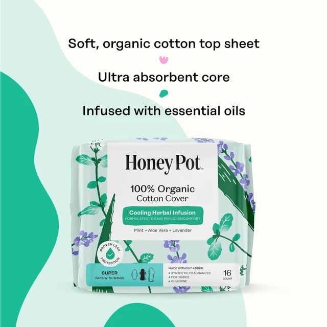 Alt view image 3 of 6 - Honey Pot Super Pads, 100% Organic Cotton Cover, Cooling Herbal Infusion, 16 Count