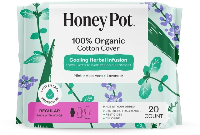 Main image of Honey Pot 100% Organic Cotton Cover Cooling Herbal Infusion Regular Pads, 20 Count