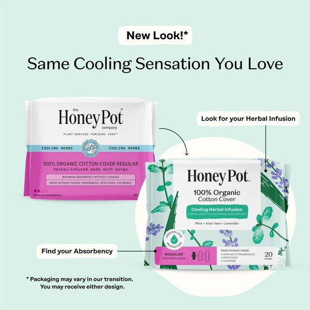 Alt view image 2 of 6 - Honey Pot 100% Organic Cotton Cover Cooling Herbal Infusion Regular Pads, 20 Count