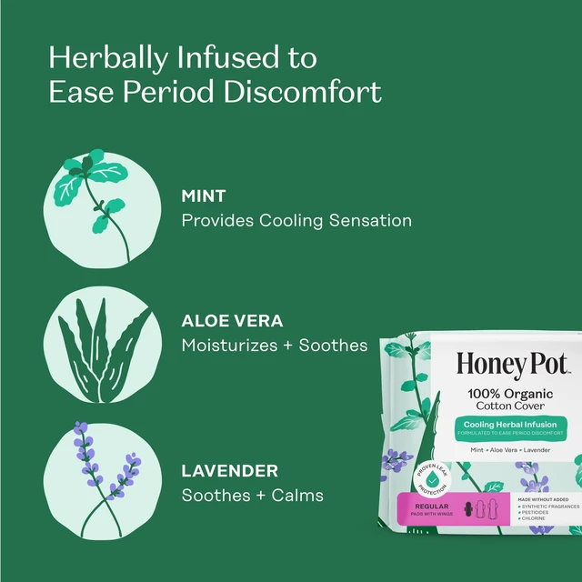 Alt view image 6 of 6 - Honey Pot 100% Organic Cotton Cover Cooling Herbal Infusion Regular Pads, 20 Count