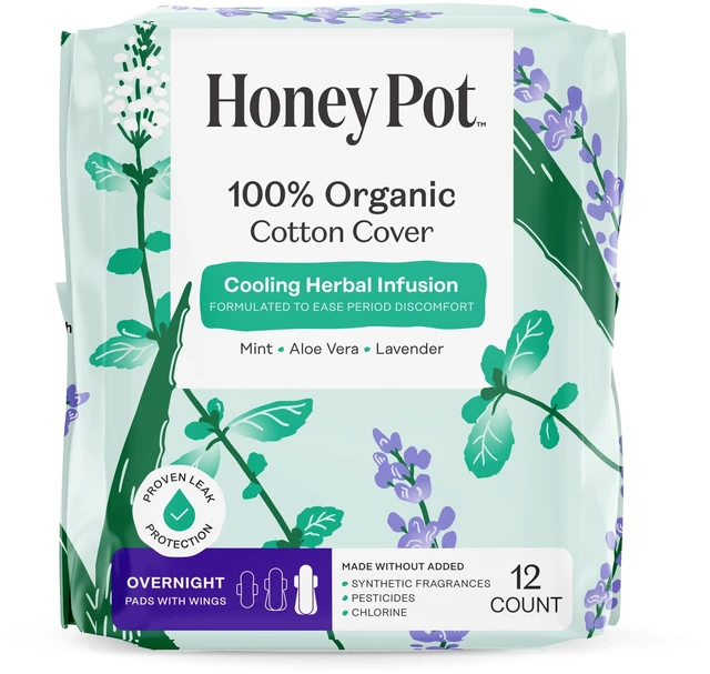 Main image of Honey Pot Cooling Herbal Infusion Overnight Pads, 100% Organic Cotton Cover, 12 Count