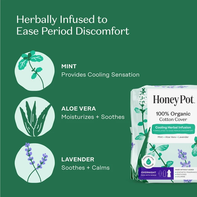 Alt view image 6 of 6 - Honey Pot Cooling Herbal Infusion Overnight Pads, 100% Organic Cotton Cover, 12 Count