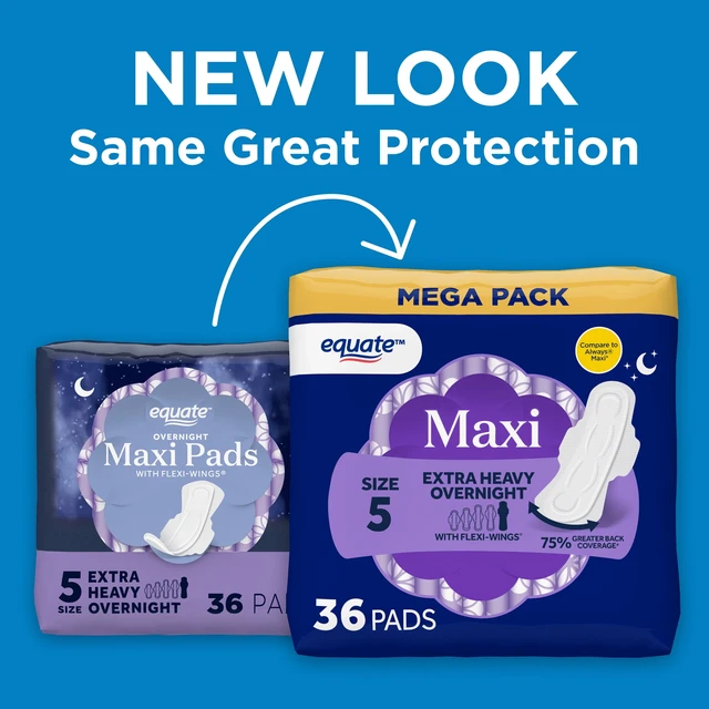 Alt view image 2 of 5 - Equate Overnight Maxi Pads With Flexi-Wings Extra Heavy Overnight Absorbency Size 5 36 Count