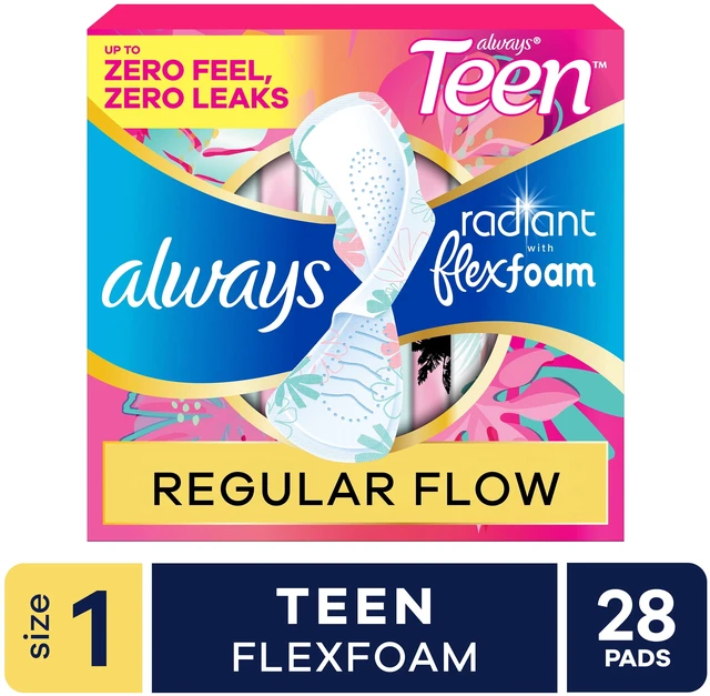 Main image of Always Radiant Teen Pads Size 1 Regular with Wings Unscented 28Count