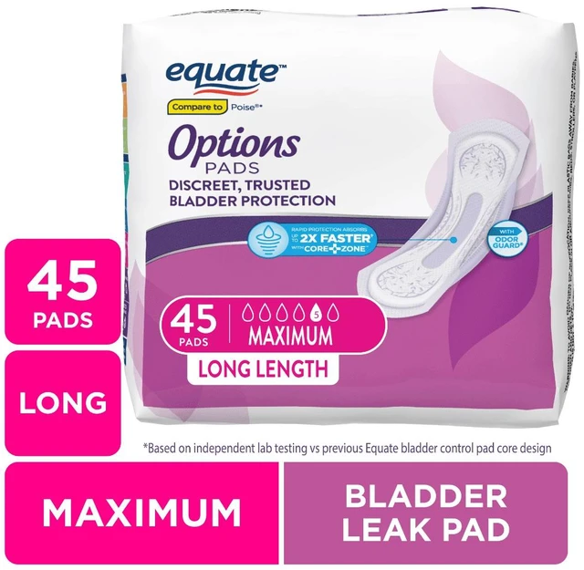 Main image of Equate Options Women's Incontinence Pads, Maximum Absorbency, Long Length, 45 Count