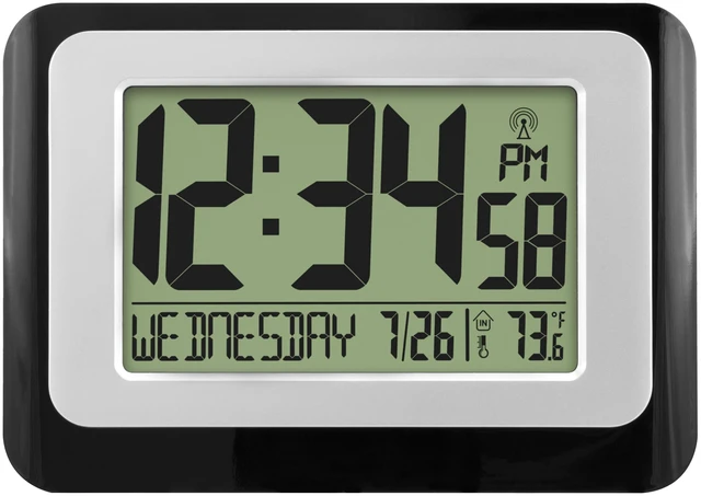 Main image of MainStays W88631 Black Atomic Digital Calendar Desk Alarm Clock with Temperature
