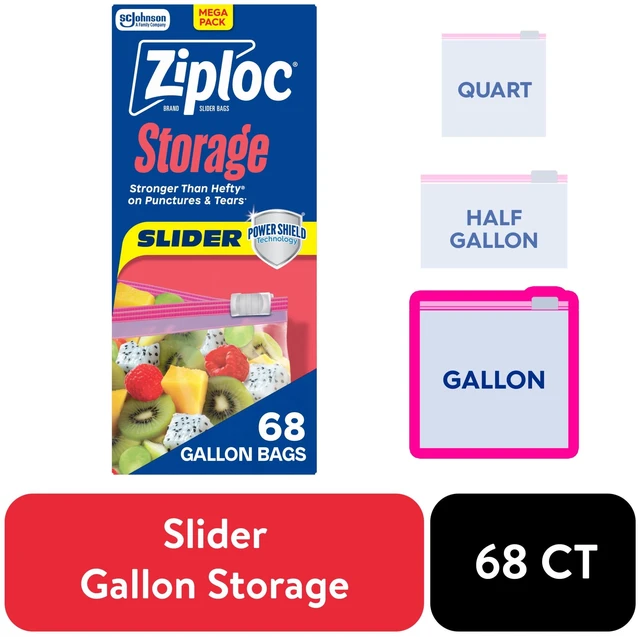 Main image of Ziploc Storage Slider Gallon Bags, Power Shield Technology, Expandable Bottom, 68 Count
