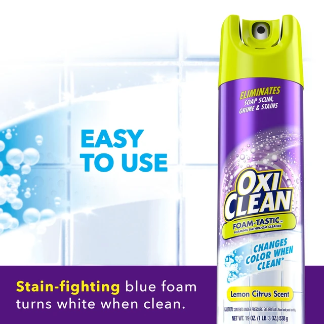 Alt view image 2 of 5 - OxiClean Foam-Tastic Foaming Bathroom Cleaner, Removes Soap Scum, Grime and Stains, Lemon Scent, 19oz