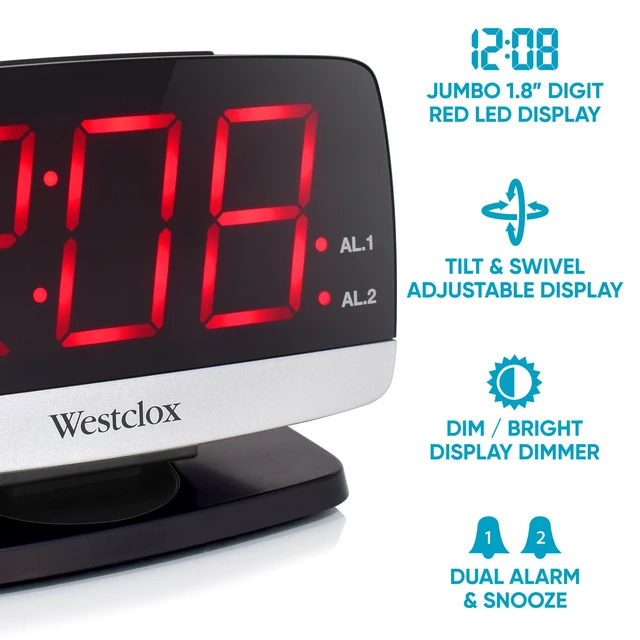 Alt view image 3 of 6 - Westclox Extra Large Electric Tilt & Swivel Alarm Clock with 1.8" LED Time Display, Black and Silver
