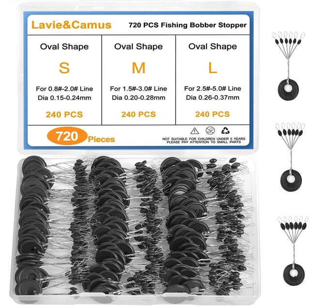 Main image of Lavie&Camus 720PCS Fishing Bobber Stopper, 6-in-1 Black Rubber Oval Floats Sinker Stops, L M S Size Float Stop Kit