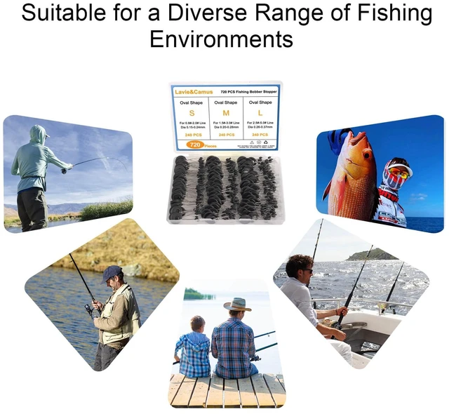 Alt view image 2 of 7 - Lavie&Camus 720PCS Fishing Bobber Stopper, 6-in-1 Black Rubber Oval Floats Sinker Stops, L M S Size Float Stop Kit